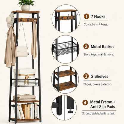 Coat Rack Freestanding, Coat Stand with Metal Basket and Storage Shelves, Hall Tree Free Standing with and 7 Hooks, Clothes Rack Stand Organizer, Rustic Brown and Black