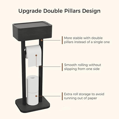 Wealone 4-in-1 Black Toilet Paper Holder Stand with Storage Shelf Box, 360° Rotating Bamboo Free Standing Toilet Tissue Roll, Toilet Wipes Dispenser Organizer, Temporary Desktop for Bathroom (Patent)