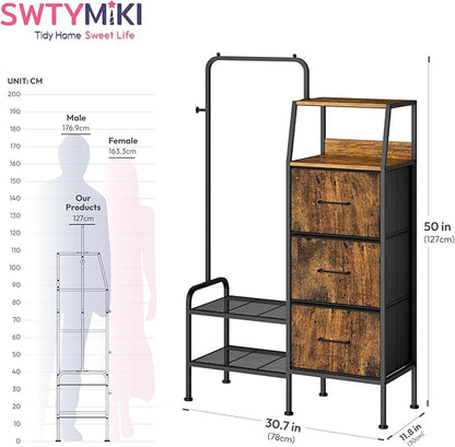 SWTYMIKI Dresser with Hanging Rack - 3 Fabric Drawers Kids Dresser for Bedroom - Reversible Tall Storage Tower, Small Space Clothes Storage Organizer Cabinet for Apartment, Dorm 49.21''H, Espresso