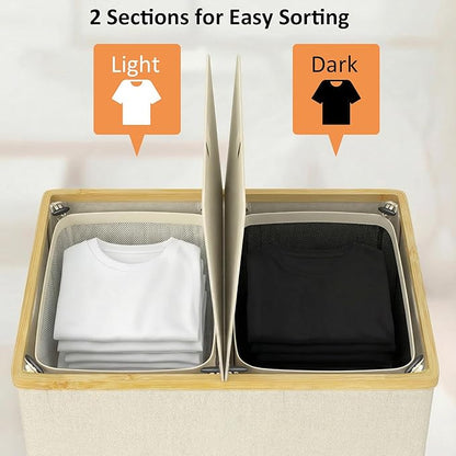 efluky Laundry Hamper with Lid, Double Laundry Basket with 2 Removable Bags, 2 Section Laundry Bin with Bamboo Handles for Bathroom, Bedroom & Laundry Room, 115L (30.4 Gallon) Beige