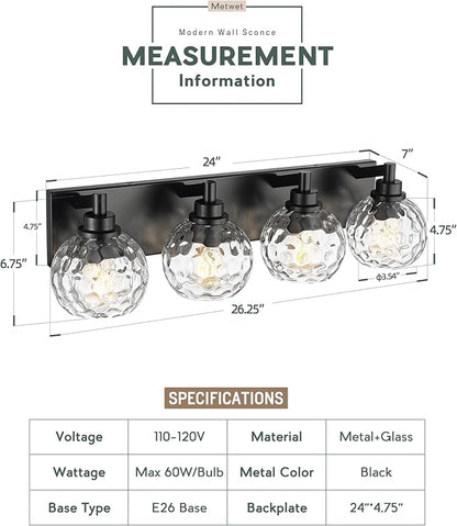 Bathroom Light Fixtures Over Mirror, 26" Matte Black Vanity Light with Clear Hammered Glass Globe Shade, 4-Light Modern Sconces Wall Lighting for Bedroom Hallway, VL200-MB-CL-4