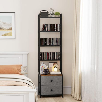 CD Storage Rack with Drawer, 5-Tier DVD Organizer Shelf w/Adjustable Book Stoppers, Media Storage Rack for CD/DVD, Books & Games, Ideal for Living Room & Home Office – 15.7x11.8x56.5Inches