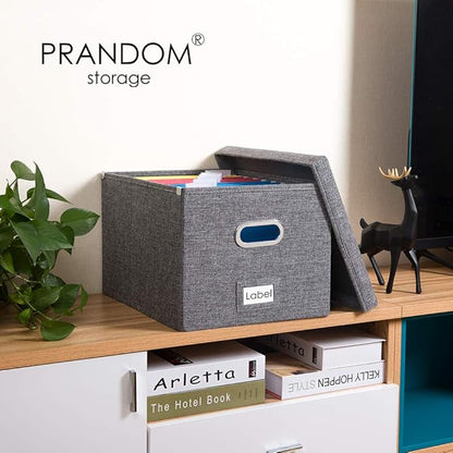 PRANDOM File Organizer Box - Set of 4 Collapsible Decorative Linen Filing Storage Hanging File Folders with Lids Office Cabinet Letter/Legal Size Grey 17.1x14x11.1 inch
