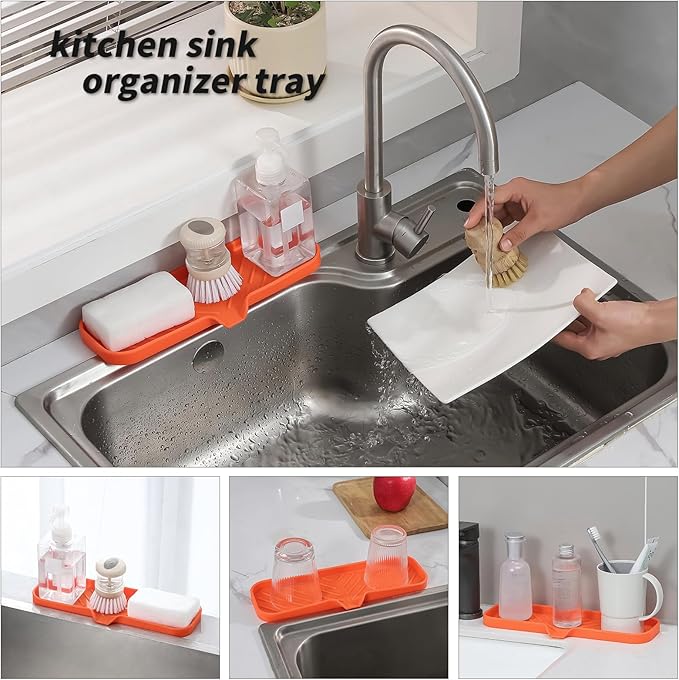 MicoYang Silicone Soap Dish with Drain Spout — Self-Draining Double Sink Organizer Tray for Kitchen & Bathroom, Dispensers, Sponges & Soap Holder, Non-Slip & Dishwasher Safe, Orange (Large, 12"×4")