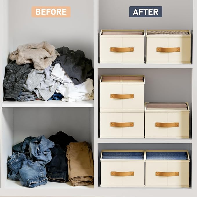 DIMJ Wardrobe Clothes Organizer - Foldable Closet Drawer Organizer Dividers for Jeans, Pants, Sweater, T Shirt, Storage Bins with Handles for Shelf