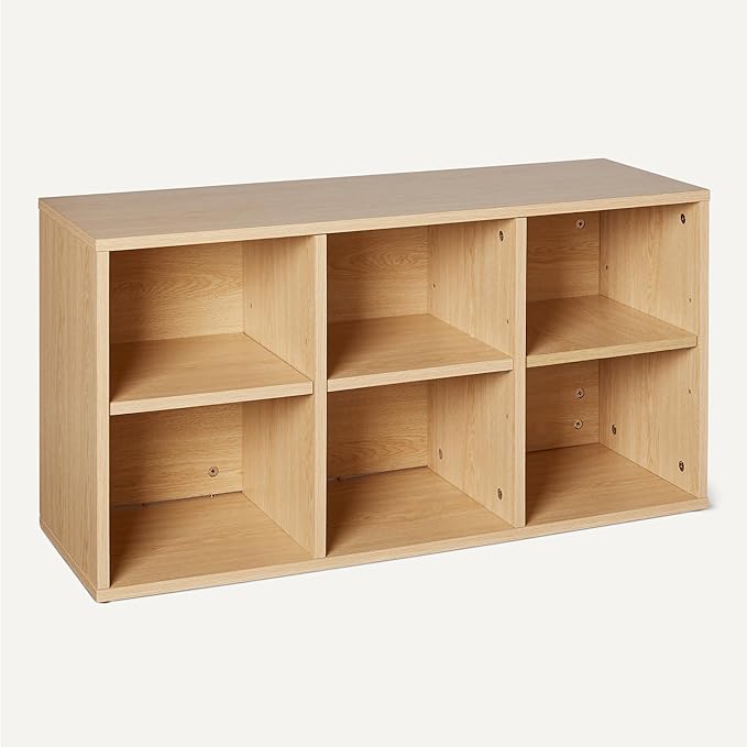 Amazon Basics Shoe Storage Bench with Cushion, 6 Cubbies, Adjustable Shelves, Oak Finish, 87cm W x 47.6cm H