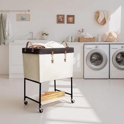 StorageWorks Laundry Cart, 2 Tier Rolling Laundry Basket, Heavy Duty Laundry Basket with Lockable Wheels, Laundry Room Organization and Storage, Clothes Hamper for Bedroom, Dorm, Closet, 29Gal, Beige