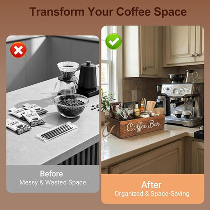 QUALLON Coffee Station Organizer with Small Removable Dividers, Wooden Coffee Bar Accessories Storage For Countertop, Farmhouse Kcup Coffee Pod Holder Basket With Handle For Coffee Lover