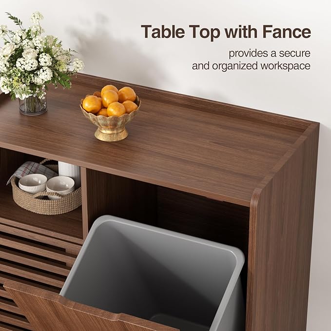 Storage Cabinet with slatted Door, Tilt Out Trash Can Cabinet for 10 Gallon Wooden Dog-Proof Recycling Bin with Hidden Laundry Basket for Kitchen Island and Dining Room, Walnut