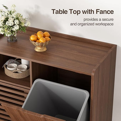 Storage Cabinet with slatted Door, Tilt Out Trash Can Cabinet for 10 Gallon Wooden Dog-Proof Recycling Bin with Hidden Laundry Basket for Kitchen Island and Dining Room, Walnut