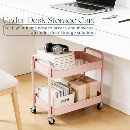 2 Tier Pink Rolling Cart with Wheels for Under Desk Storage, Large Capacity Rolling Pantry & Kitchen Storage Cart for Small Space, Sturdy Metal Bathroom Shelf Laundry Room Organization