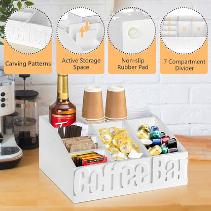Coffee Bar Organizer for Accessories, Wood Station for Countertop, Farmhouse Pod Holders, White Condiment Organizer for Decor