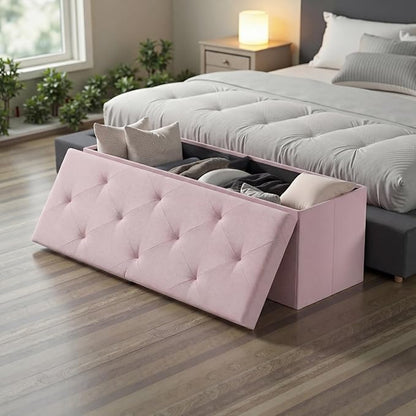 Sweetcrispy 43 Inch Folding Storage Ottoman Bench, Large Hidden Storage Chest with Padded Seat, Foot Rest Stool Supports Up to 660Lbs, End of Bed Bench for Bedroom, Living Room, Linen Fabric, Pink