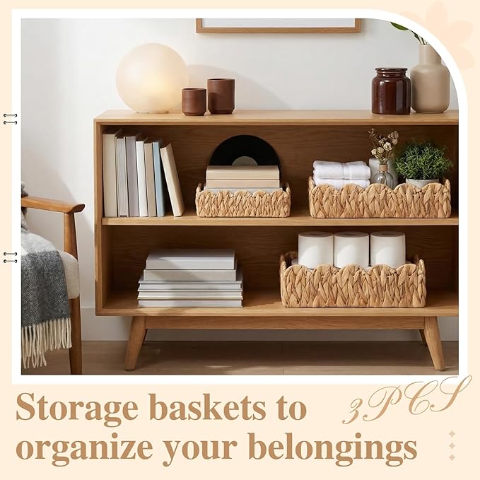3 Pack Water Hyacinth Toilet Paper Basket for Organizing Scalloped Edge Wicker Basket with Handles Toilet Tank Paper Holder Storage for Bathroom Bedroom Countertop Shelf Decor(Natural Color)
