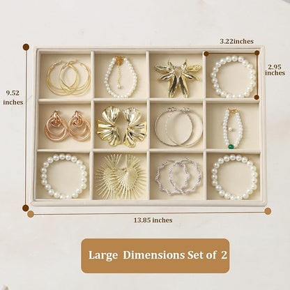 Large Velvet Jewelry Tray 2 Pack Stackable Jewelry Display Drawer Inserts Trays Organizer for Earring Bracelet Necklace Ring (Beige, 12 Grids)
