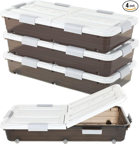 Beeveer 4 Pcs Plastic Under Bed Storage Container with Double Opening Lid Wheel Handle, Transparent Large Capacity Stackable Latching Festival Storage Bin for Closet Bedroom, 31.5x15.8x5.2 In(Brown)