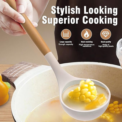 Silicone Cooking Utensils Set - AVGPD Silicone Kitchen Utensils for Cooking Wooden Handles, 446°F Heat Resistant Kitchen Utensil Spatula Sets w Holder, Gadgets for Non-Stick Cookware BPA FREE (Khaki)