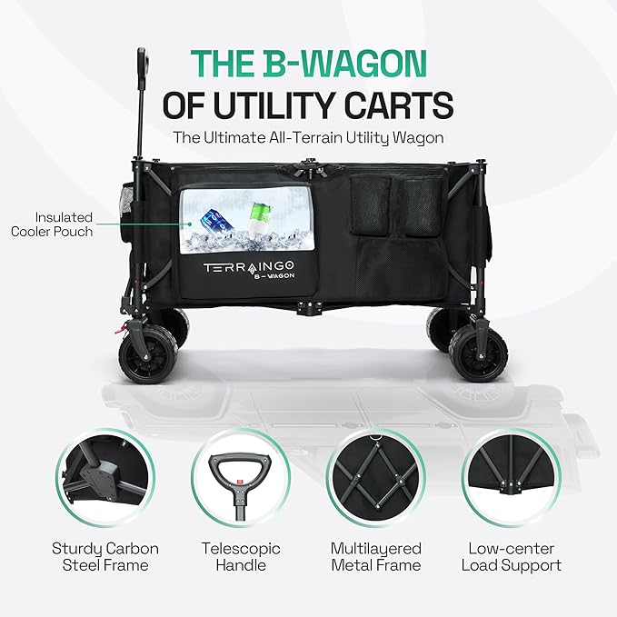 TerrainGO Foldable Utility Wagon Cart with Interchangeable All Terrain Wheels Patent Pending Collapsible Beach Wagon - Camping Essentials with Cooler Pouch, Storage Pockets, and Cup Holders