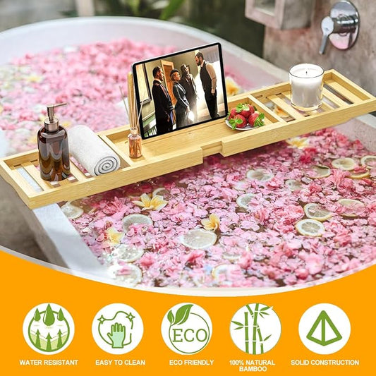 Bathtub Tray - Bath Tray Expandable - Bath Table Trays for Bathtub/Tub,Premium Bamboo Wooden, Fits Most Bath Tubs