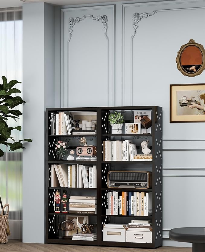 METALOONG 5-Cube Bookshelf, All Steel Bookcase with Adjustable Shelves & Anti-Tip Kit for Home Office, Hallway, and Garage, Modern Tall Display Shelves, Heavy-Duty Storage Organizer (Black)