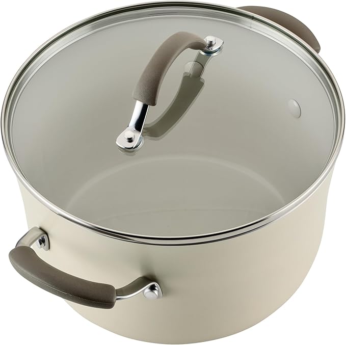 Rachael Ray Cucina Ceramic Cookware Set - 13 Pieces - Ceramic Pots and Pans Set w/Nonstick Frying Pans, Saute Pan, Saucepans, Stockpot, Lids, Pan Protectors - Almond
