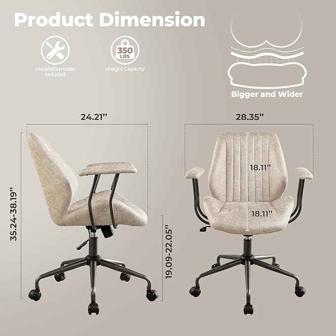 ovios Home Office Chair, Mid-Century Modern Faux Suede Leather Ergonomic Chairs, Mid Back Comfy Computer Swivel Rolling Task Executive Armchair, Beige