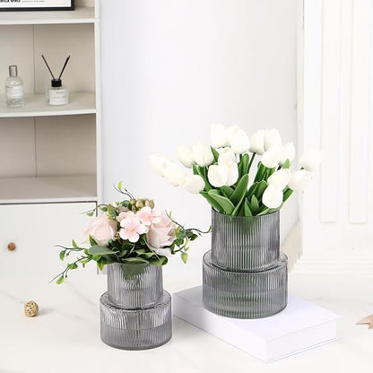 Ribbed Glass Vases for Bouquet, Set of 2 Black Vases for Flowers, Black Glass Vase for Tulips, Modern Vase for Living Room, Office, Coffe Table, Dining Table, Shelf, Wedding