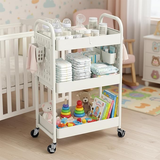 danpinera 3 Tier Rolling Cart with Retractable Dividers, Multi-Functional White Rolling Utility Cart with Pegboards, Hooks & Hanging Cups for Nursery, Living Room, Studio