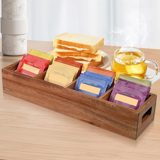 Acacia Wood Tea Bag Organizer with 4 Slots – Tea Bag Holder and Tea Organizer, Sugar Packet Storage for Countertops, Set of two