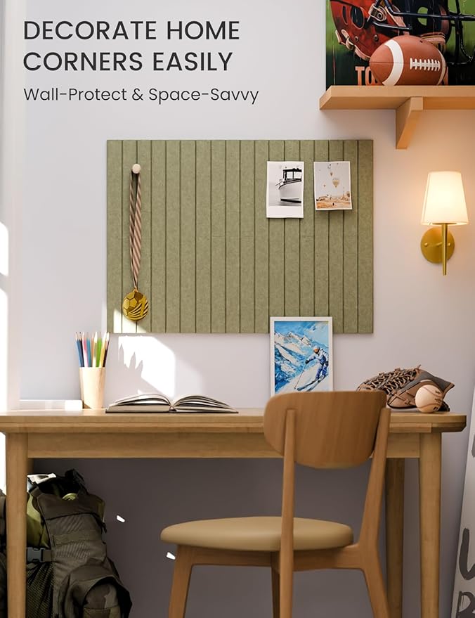 Fluxynara Felt Bulletin Board Tiles -28"x18" with 40 Adhesive Tabs, Cork Board Alternative for Office Decor, Push Pin Board Wall Organizer 6-Pack (Olive Green)