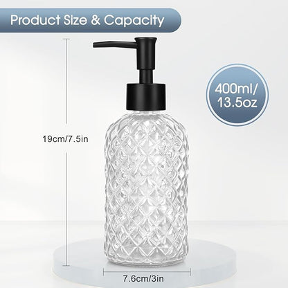 Topsky Gem Glass Soap Dispenser with Black Plastic Pump, 13oz Liquid Hand Soap Dispenser, Rustproof Pump for Kitchen & Bathroom, Great for Lotions, Essential Oil, Liquid Soaps-Clear
