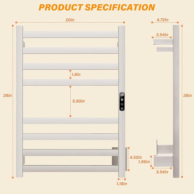 Towel Warmer Brushed Heated Towel Rack for Bathroom Wall Mounted Electric Towel Dryer Rack with Temperature Control and 24 Timer Plug-in/Hardwired