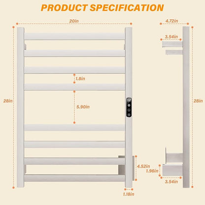 Towel Warmer Brushed Heated Towel Rack for Bathroom Wall Mounted Electric Towel Dryer Rack with Temperature Control and 24 Timer Plug-in/Hardwired