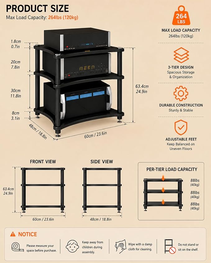 Heavy Duty Audio Component Rack, Large Storage Space AV Media Stand with Shock-Absorbing Foot pegs, Audio Rack Tower CD Player Stand for Home/Office/Audio Video/Theate (Black Walnut, 3rd)