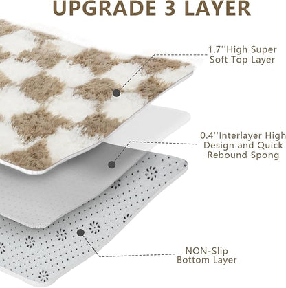 4x6 Checkered Area Rugs for Bedroom, Fluffy Beige and White Checkered Rug Fuzzy Shag Shaggy Carpets for Living Room, Soft Plush Furry Rug for Teen Room Dorm Home Decor