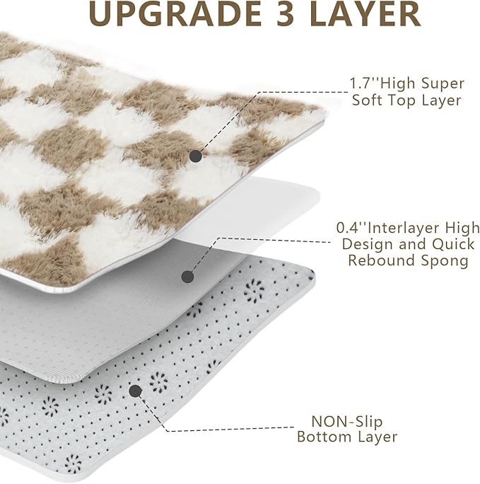 Large Shag Area Rug for Bedroom, 9x12 Ft Beige and White Area Rug Classic Checkered Shaggy Anti-Skid High Pile Soft Fluffy Rug Fuzzy Carpet for Living Room Dorm Home Decor