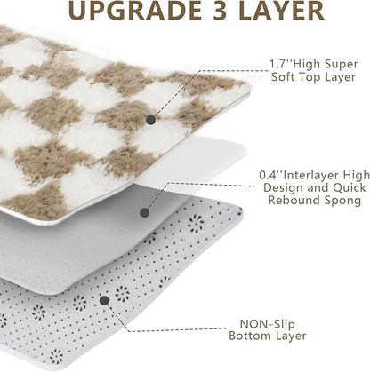 Checkered Area Rugs for Bedroom 5x8, Fluffy Beige and White Checkered Rug Fuzzy Shag Shaggy Carpets for Living Room, Soft Plush Furry Rug for Teen Room Dorm Home Decor