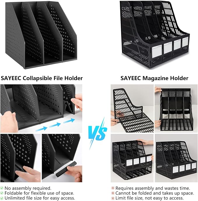 SAYEEC 1Pcs Collapsible Plastic Magazine File Holder Vertical Binder Storage Organizer for Desk Sturdy Upright Desktop Magazine Organizer Folder Rack for Office School Home (3 Compartments, Black)