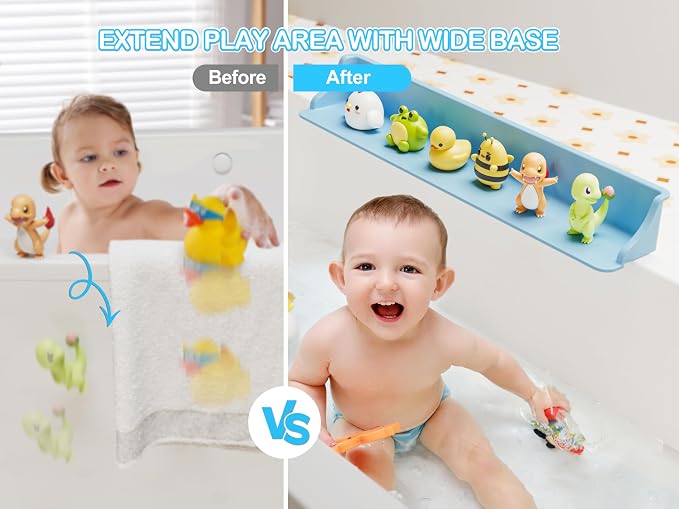 Cushore 3-Ft Bathtub Splash Guard PlayPad with Strong Suction Cups, Toy Tray Caddy Holder Storage, No-Leak, Mess-Free Bath Time for Kids, Blue