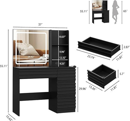 Makeup Vanity Desk with Lights, Fluted Vanity with 4 Drawers, Open Shelves, Power Outlet, LED Lighted Mirror, 3 Lighting Modes & Brightness Adjustable, Wood Dressing Table for Bedroom, Black