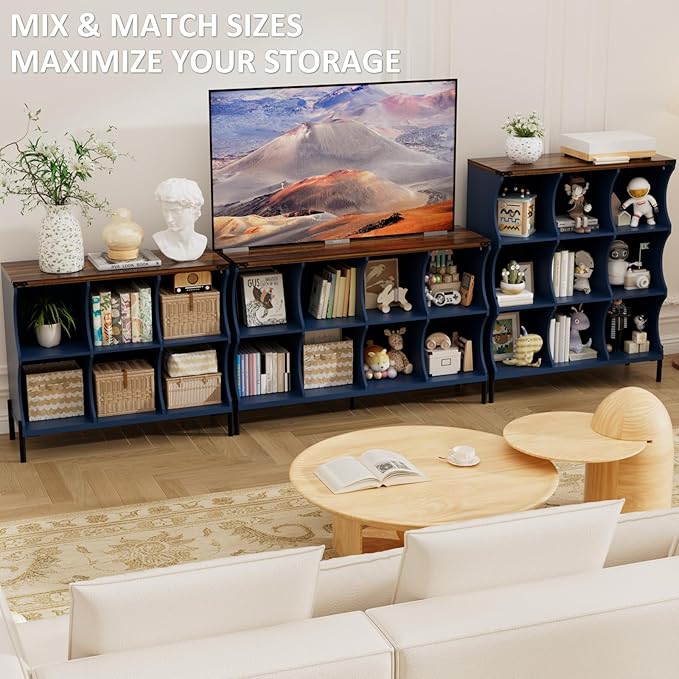 8 Cube Book Shelf, Low and Short Bookshelf, Long Cube Storage Organizer Wood TV Stand, Toy Organization DVD Cabinets for Living Room, Office, Bedroom, Dorm, Blue with Natural Top