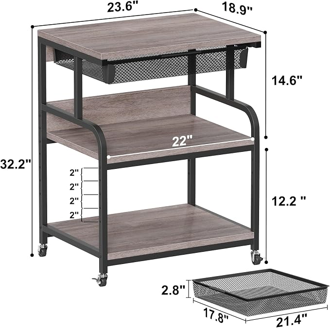 EasyCom 23.6''x18.9'' Extra Large Printer Stand with Drawer, 5-Adjustable Heights 3 Tier Table with Wheels, Rolling Printer Cart with Storage for Printer Scanner Fax Home Office Use