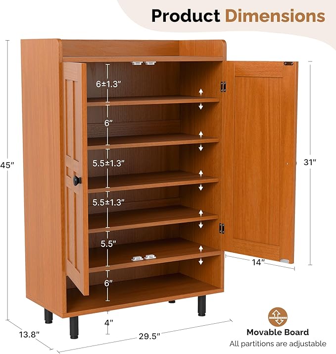 Farmhouse Shoe Cabinet with Doors, 6-Tier Wooden Shoe Organizer with Adjustable Shelves, Entryway Storage Cabinet with Metal Legs, Rustic Shoe Storage for Entryway or Living Room (Walnut)