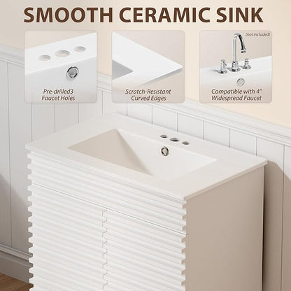 APRILSOUL 30" Bathroom Vanity with Ceramic Sink, Mid-Century Bathroom Vanity Cabinet with 2 Soft Closing Doors, Freestanding Bathroom Cabinet, Particleboard Frame with Wood Grain Laminate, White
