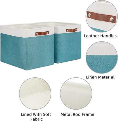 HNZIGE Extra Large Fabric Storage Bin Baskets for Organizing Shelves [2 Pack] Storage Baskets for Closet 16" X 11.8" X 11.8" Rectangular Storage Basket Bin for Organization Living Room(Teal&White)