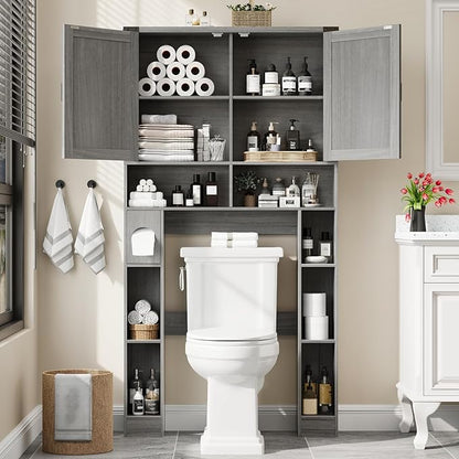 Vabches Over The Toilet Storage Cabinet, Farmhouse Storage Cabinet Over Toilet with 2 Barn Doors ，Toilet Paper Holder Stand，Home Space-Saving Toilet Rack, for Laundry, Restroom, Bathroom.Grey.
