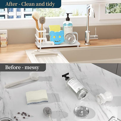 Consumest Sponge Holder for Kitchen Sink - Sink Caddy Organizer with Water Absorbing Stone Tray, Detachable Brush Holder, Stainless Steel Kitchen Counter Organizer Rack, White