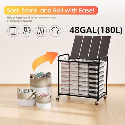 Laundry Sorter 4 Sections 48 Gal, Rolling Laundry Basket with Lockable Wheels and Lid, Laundry Hamper with 4 Separated Removable Bags Dirty Clothes Hamper for Laundry Room Organizer, Grey