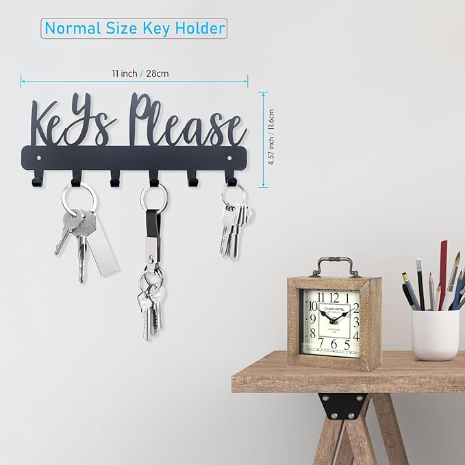 Keys Please Holder on Wall,Key Holder Wall Mounted,Black Metal Decorative Key Rack Hooks for Garage, Mudroom, Hallway,Entryway,Front Door,Office (Normal Size:11x4.57inches)