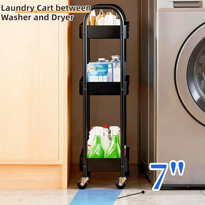 LIWNYRK 3 Tier Slim Metal Rolling Storage Cart for Laundry Room & Kitchen Organizer, 7.1'' Thin Standing Shelf for Narrow Spaces, Utility Cart with Wheels & Lockable Casters for Bathroom, Black